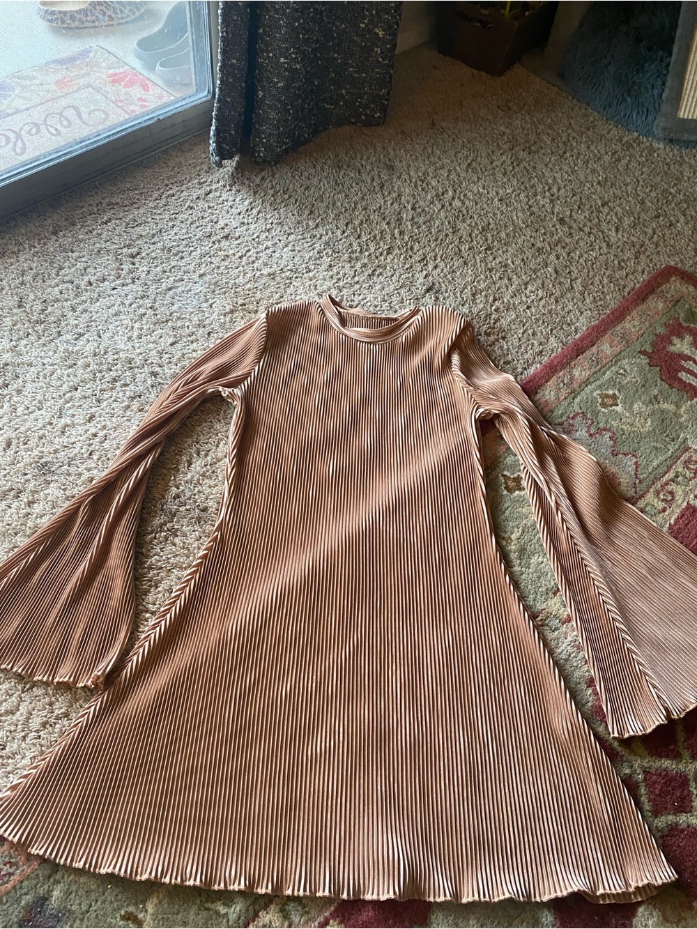 Ribbed Pleated Long-Sleeve Swing Dress in Mauve Tan